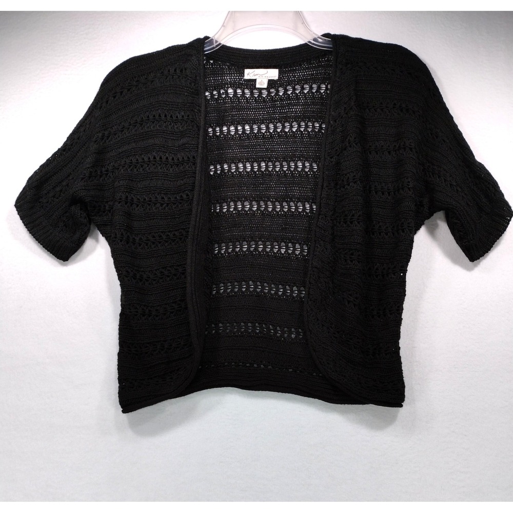 Kim Rogers Womens Black Crochet Open Front Short Sleeve Cardigan Shrug Size S